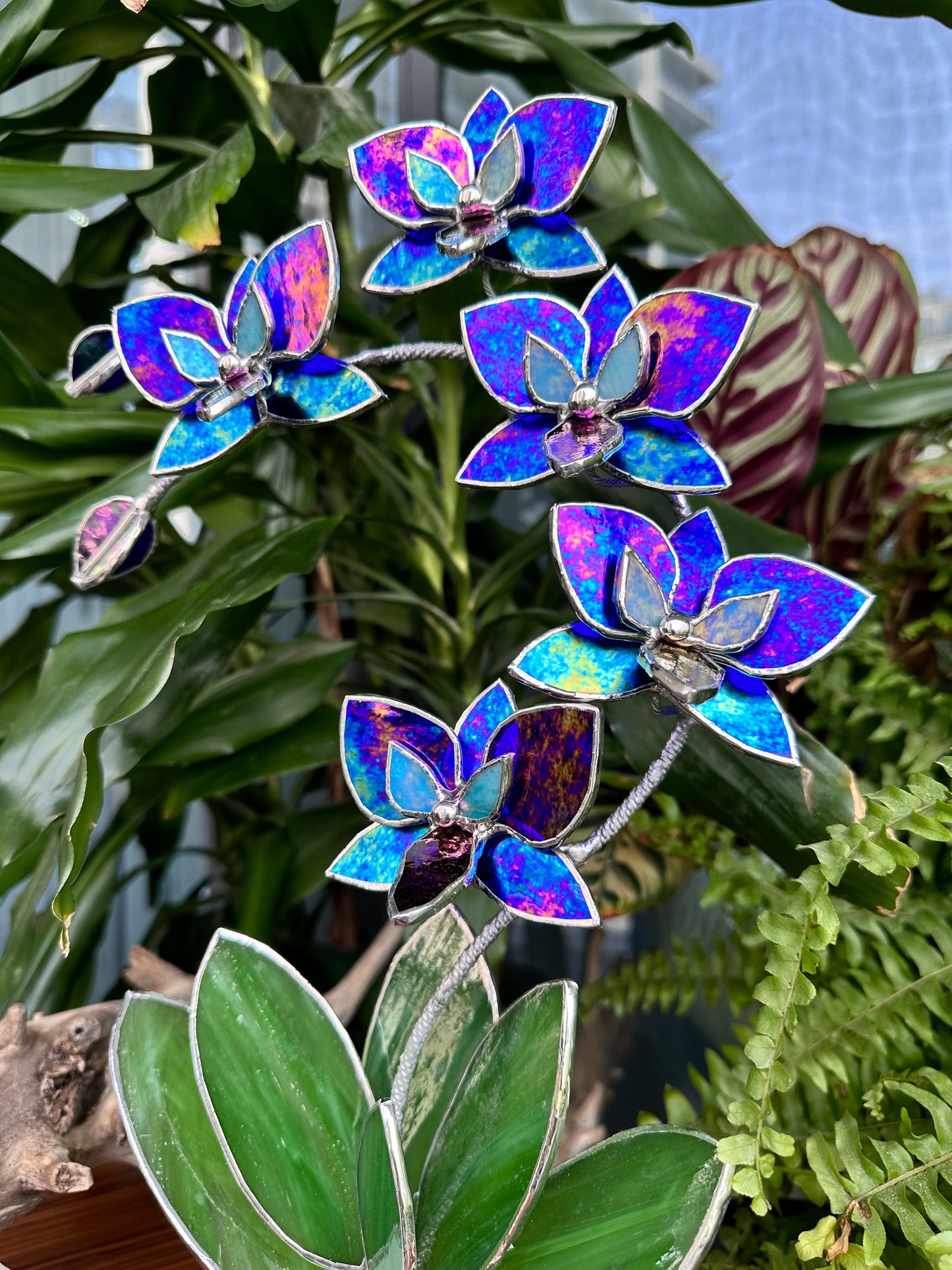 ". Amethyst luminescent XL Orchid 5 flowers with pot, Stained glass Suncatcher 3D, plant, Wedding Christmas Gift, Outdoor decor