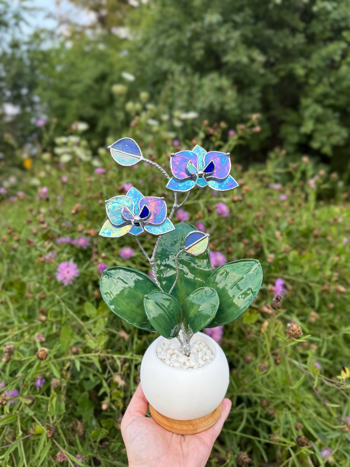 Orchid Blue lavender WITH RESIN Hand painted LEAVES Stained Glass 2 flowers in a Pot, Botanical Art Sculpture