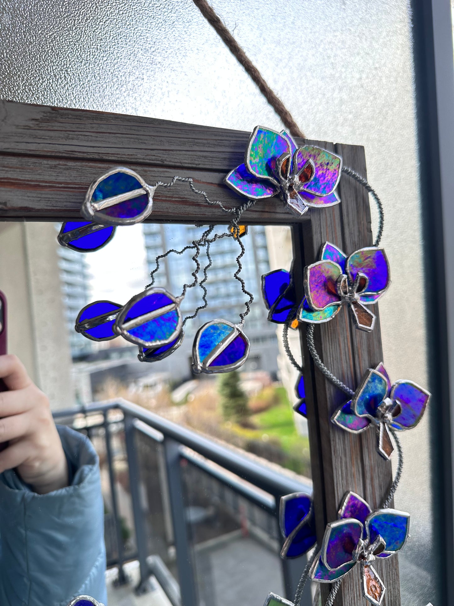 ". Blooming Orchid Indigo iridescent" Stained glass flower Mirror, Wall decor, Wedding, Christmas gift