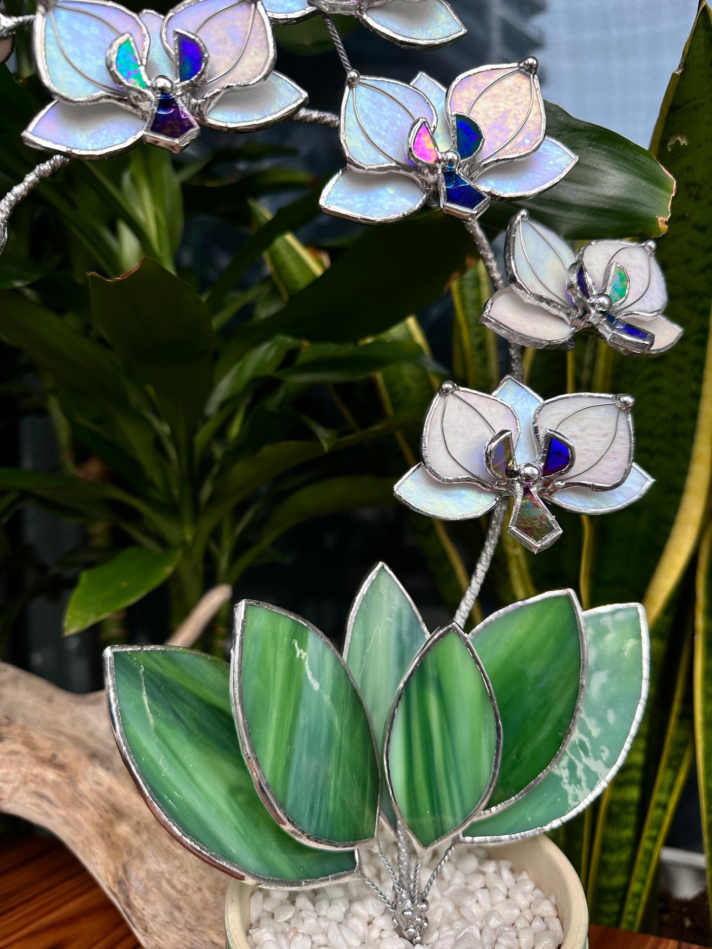 ". White Pearl iridescent Orchid 5 flowers with pot” Stained glass tropical flower 3D, Sun catcher, Table plant decor, Garden stick, Outdoor and gardening decor