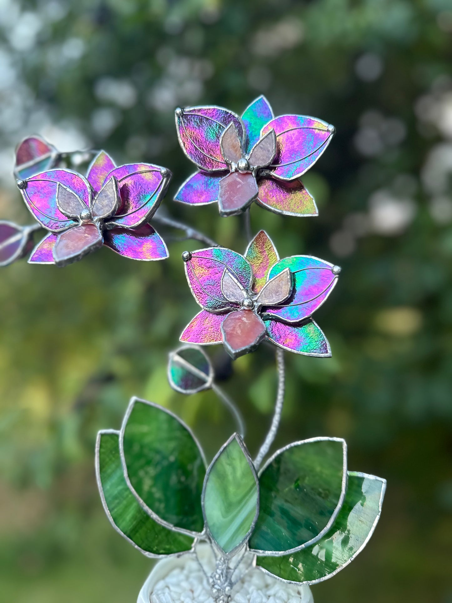 " . Mauve iridescent Butterfly Orchid 3 flowers with pot” Stained glass tropical flower 3D, Sun catcher, Table plant, Garden stick, Outdoor and gardening decor