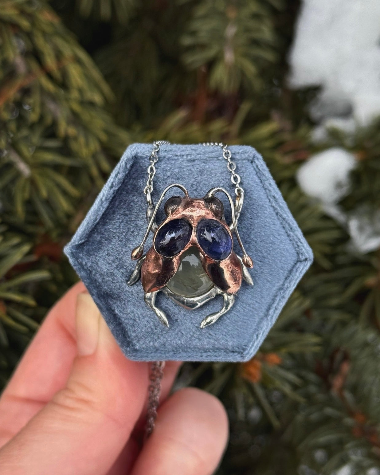 " . Bug necklace Baby Cicada with Blue Iolite & Olive Prehnite”, art jewelry pendant 3D wedding jewelry Mother’s Day gift