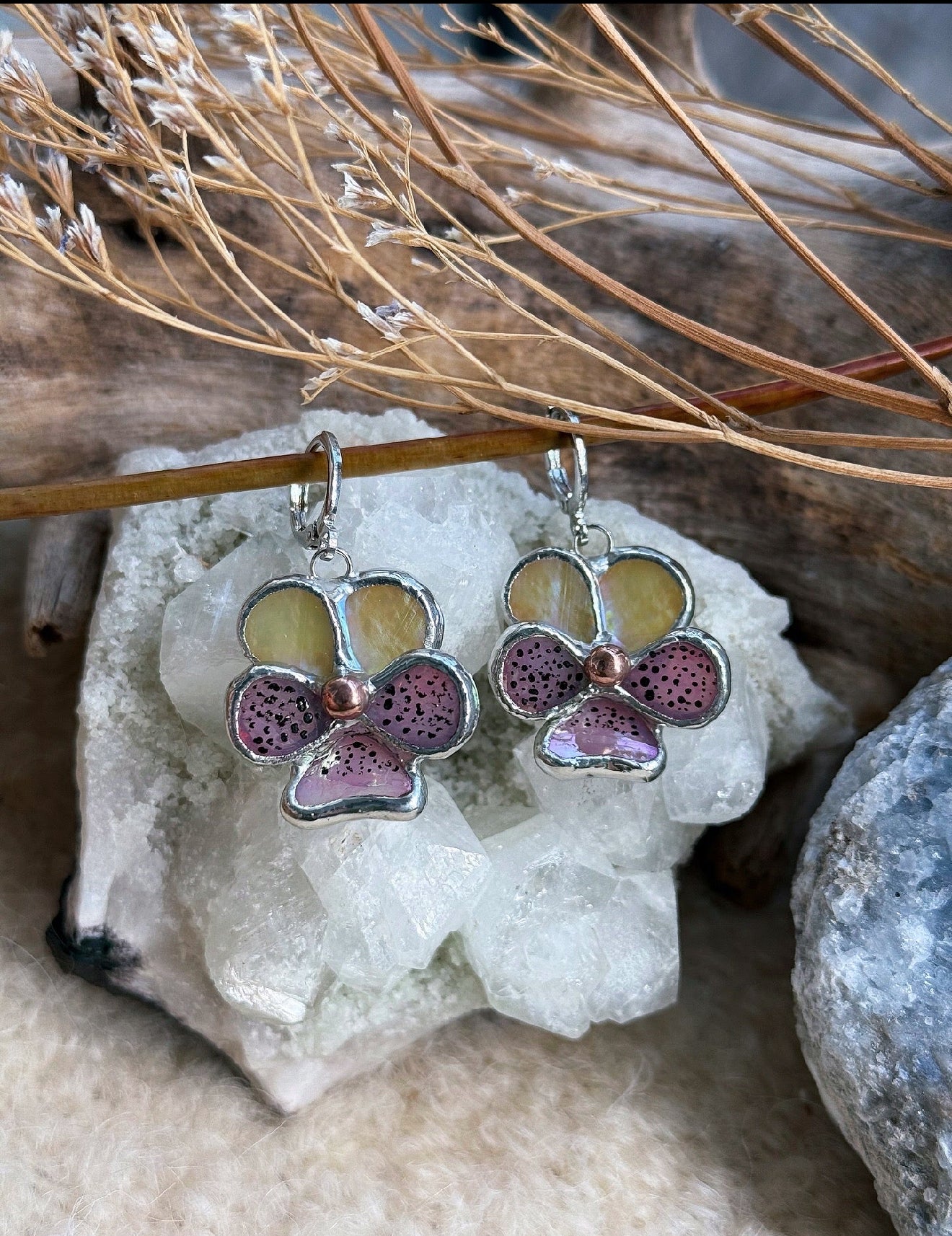 CHOOSE COLOR Pansy Earrings Handcrafted Stained glass Botanical Jewelry
