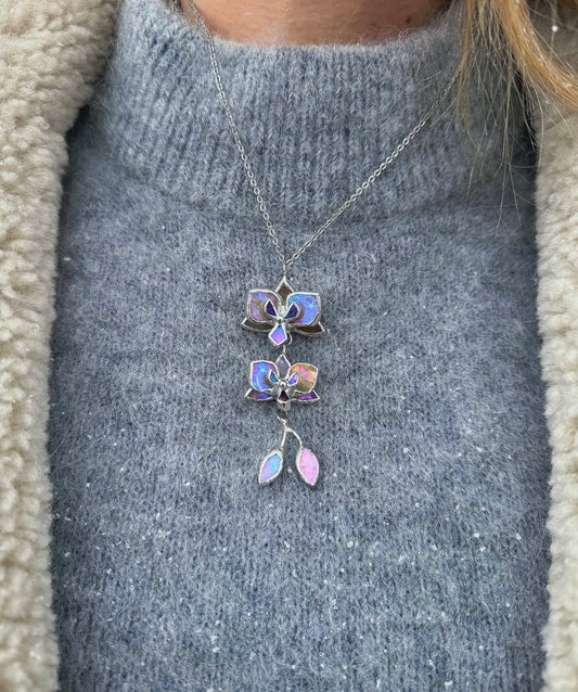 " . CHOOSE COLOR “NECKLACE 2 orchid flowers with buds” Stained glass tropical flower 3D, art jewelry