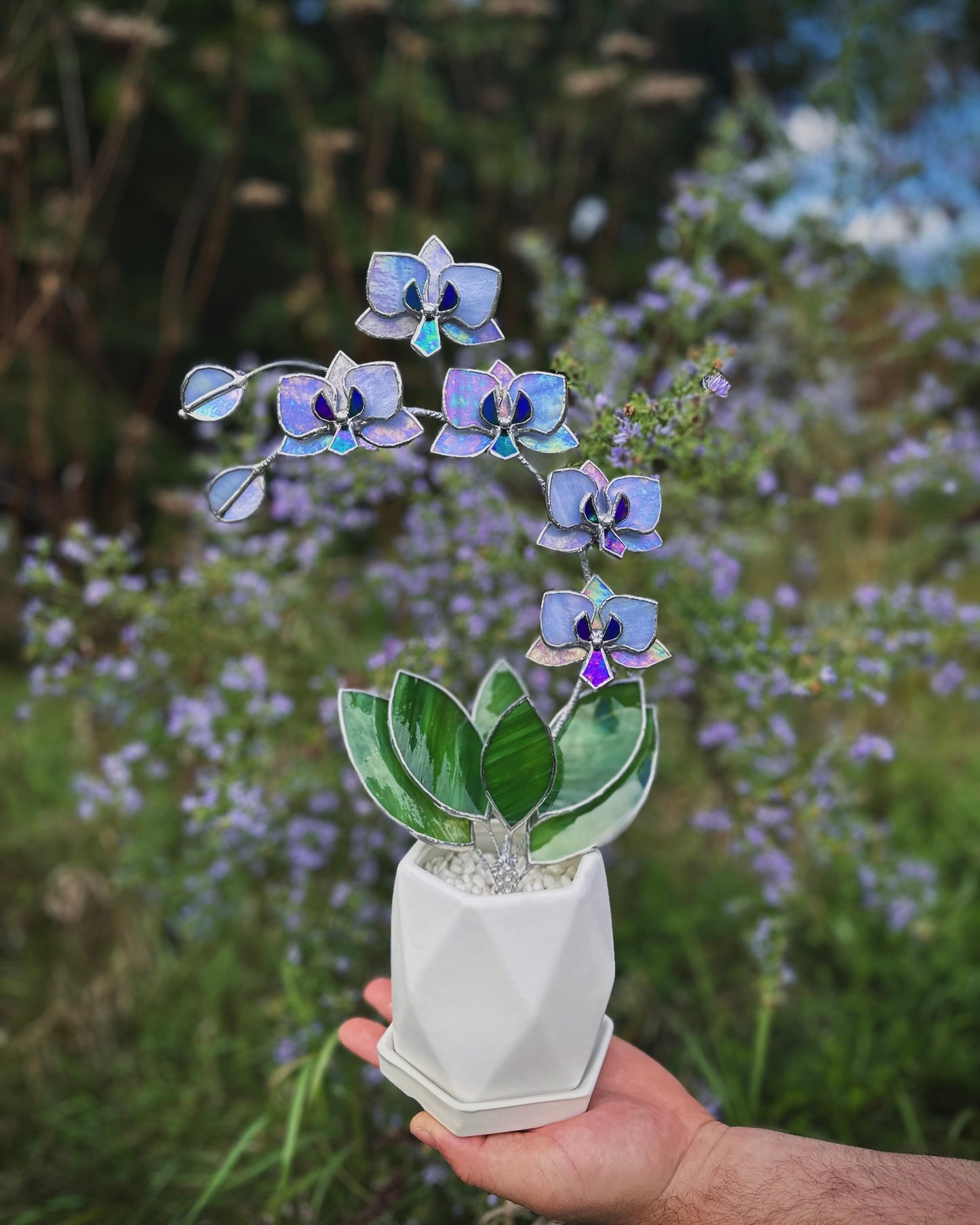 " . Lavender iridescent Orchid 5 flowers with pot" Stained glass tropical flower 3D, Sun catcher, Table plant, Garden stick, wedding decor, Christmas gift