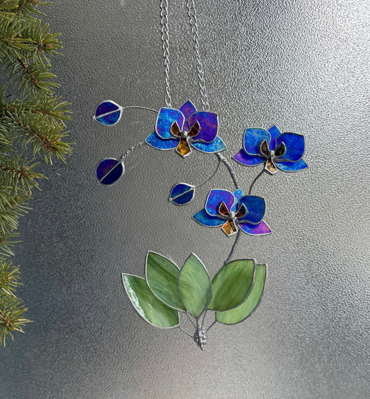 " . CHOOSE COLOR Orchid 3 flowers with chain, wall window decor”, Stained glass tropical flower 3D, Sun catcher,