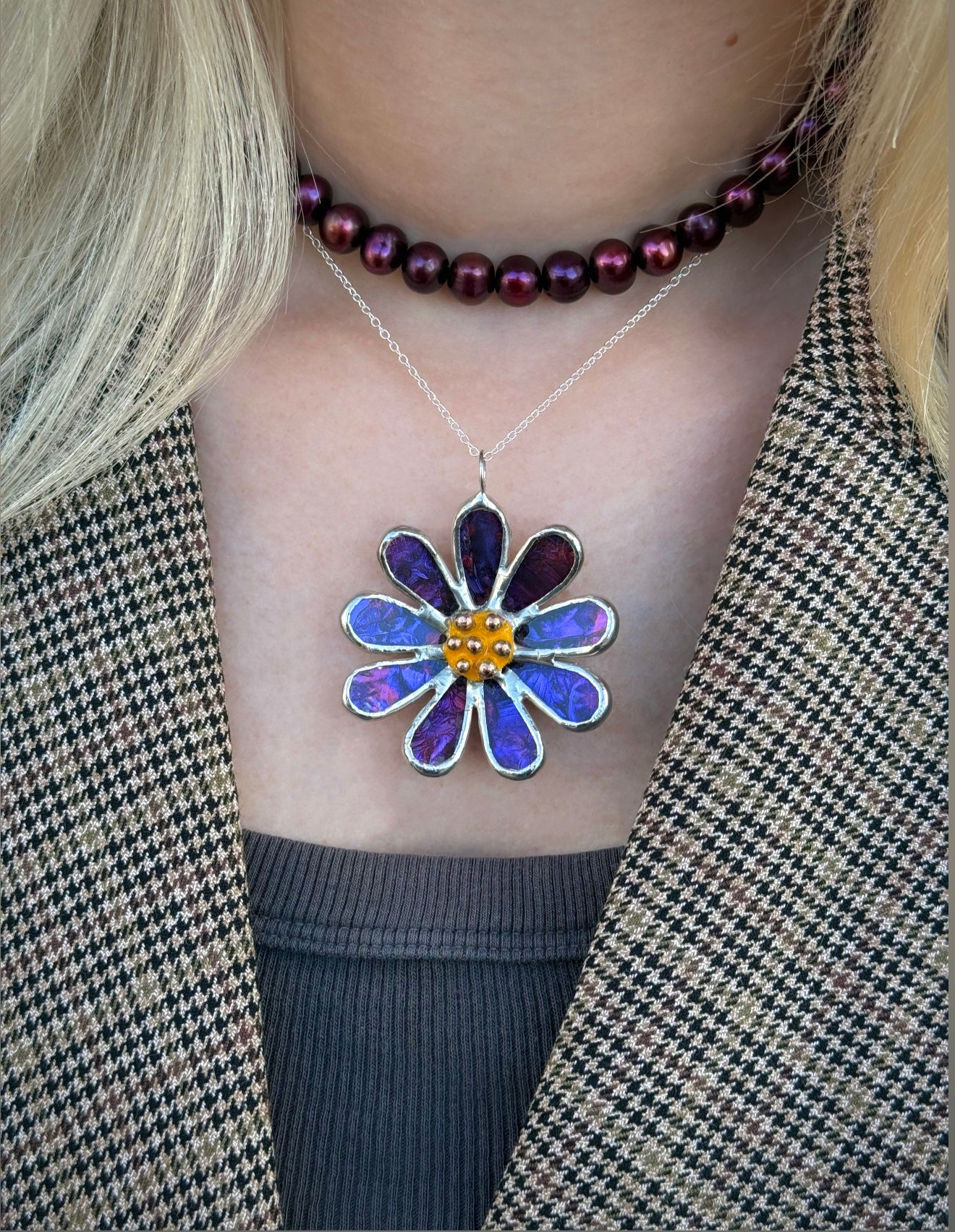 Daisy Purple & Pink, Stained Glass Necklace or Brooch, Handmade Botanical Jewelry