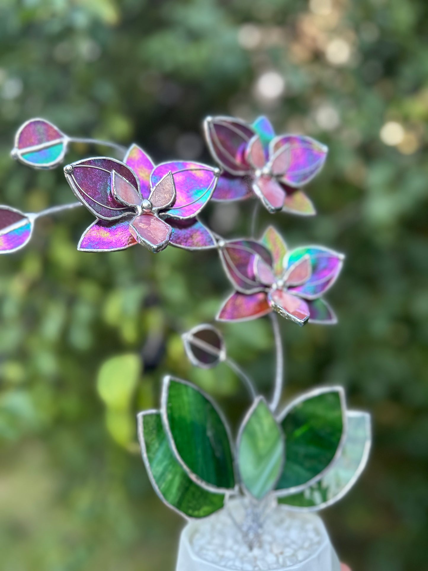 " . Mauve iridescent Butterfly Orchid 3 flowers with pot” Stained glass tropical flower 3D, Sun catcher, Table plant, Garden stick, Outdoor and gardening decor