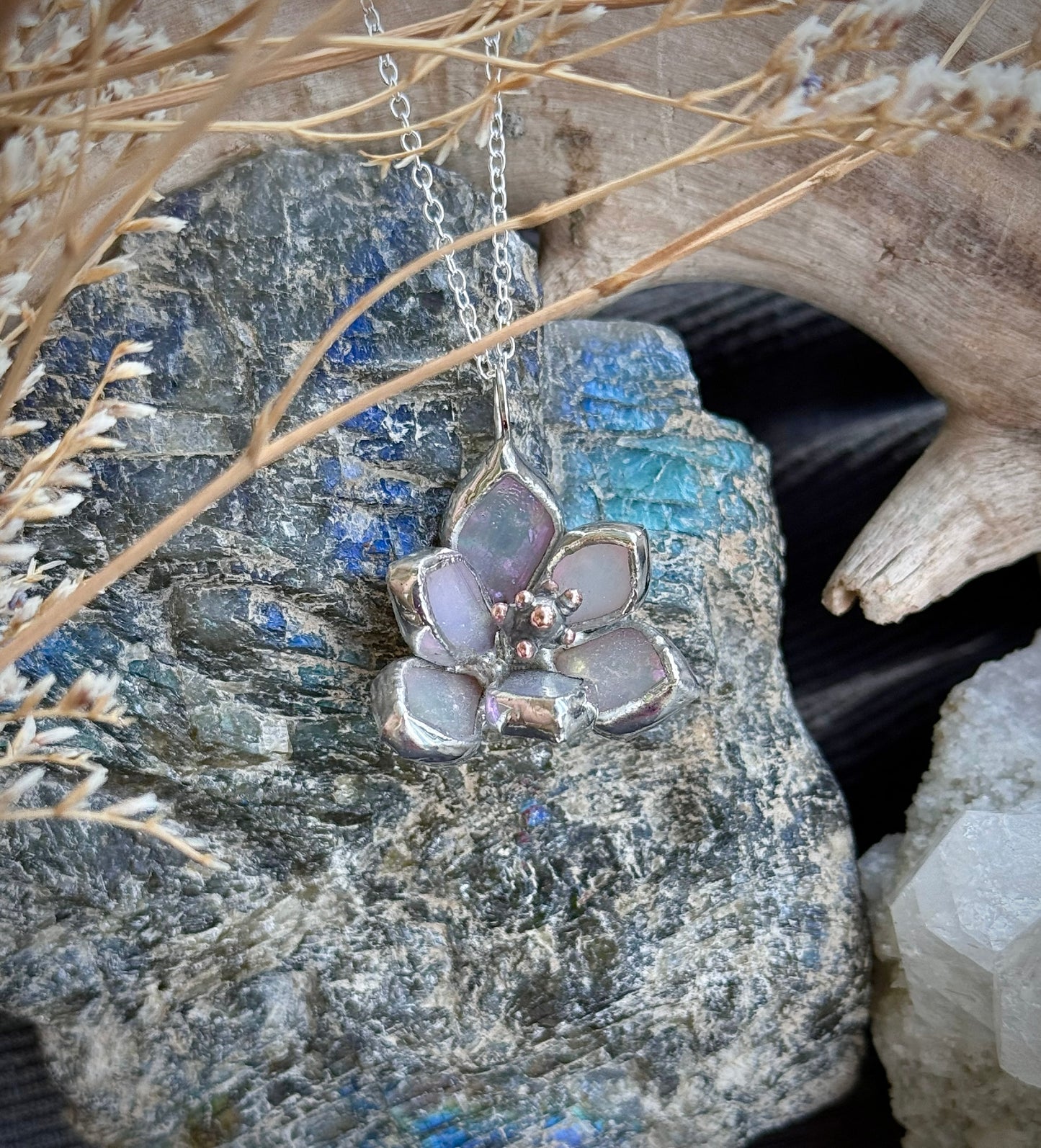 " . Magnolia flower White pearl iridescent Necklace” Stained glass tropical flower 3D, art jewelry