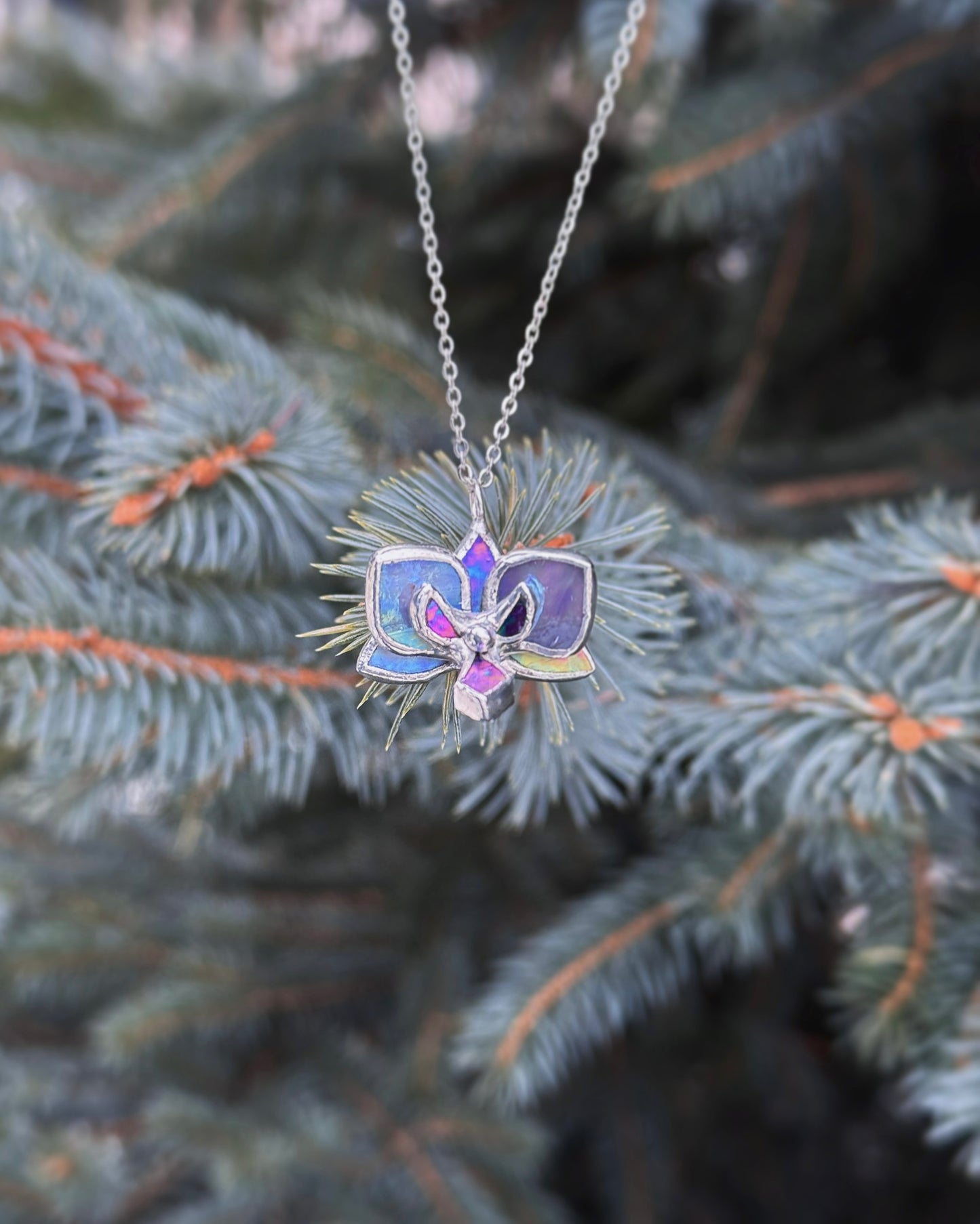 " . Necklace Orchid Lavender iridescent Necklace” Stained glass tropical flower 3D, art jewelry