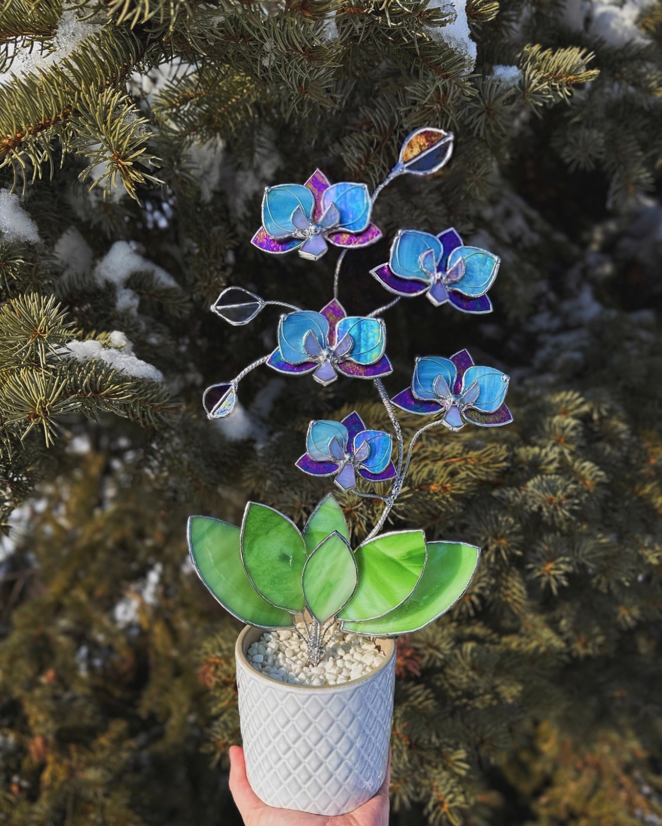 " . Amethyst and Blue iridescent Orchid 5 flowers with pot" 2025 design, Stained glass tropical flower 3D, Sun catcher, Table plant, Garden stick, wedding decor, Christmas gift