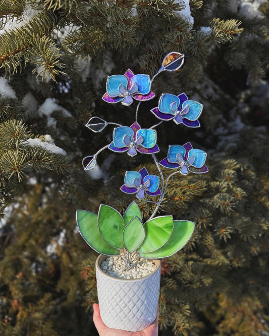 " . Amethyst and Blue iridescent Orchid 5 flowers with pot" 2025 design, Stained glass tropical flower 3D, Sun catcher, Table plant, Garden stick, wedding decor, Christmas gift