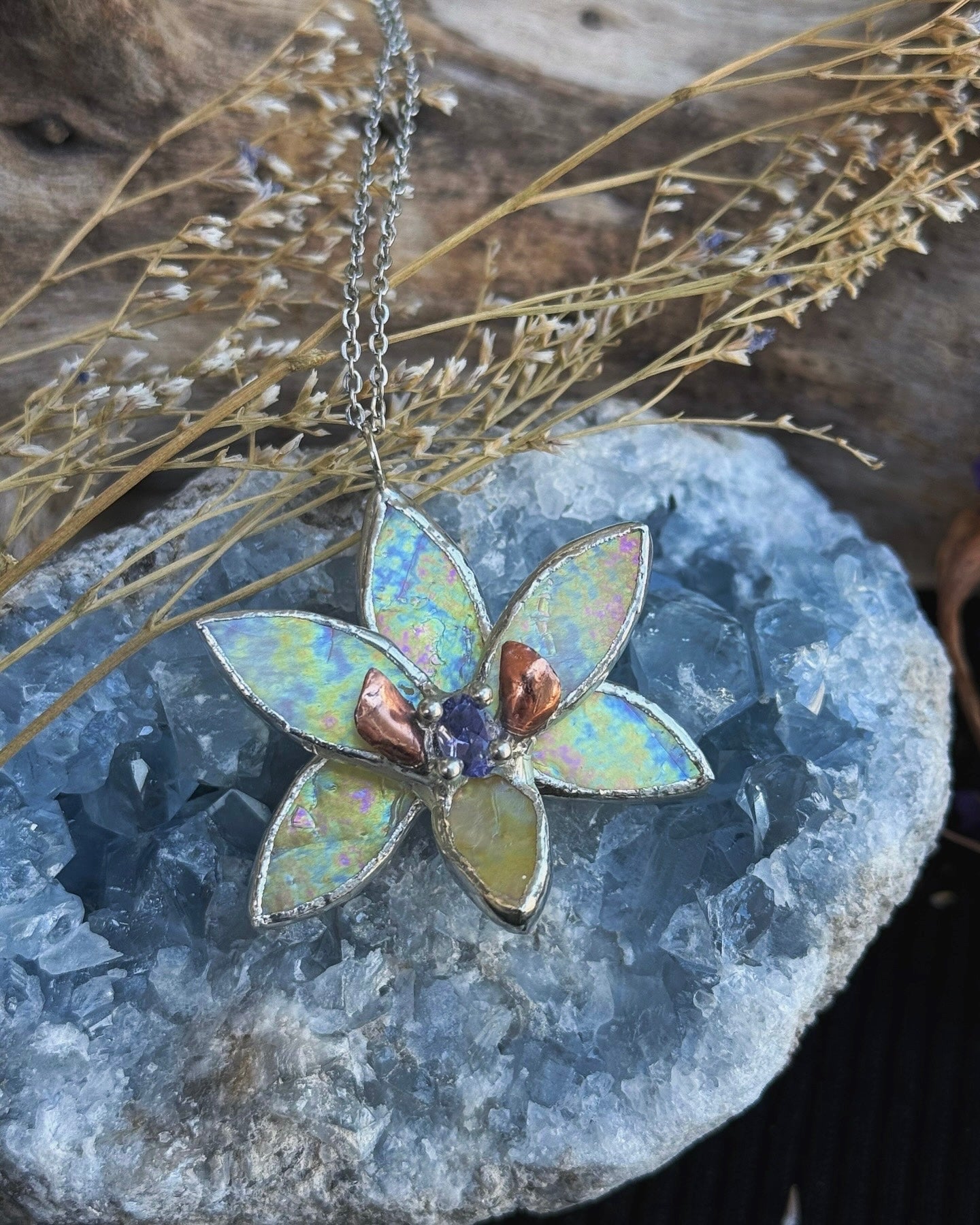 " . Necklace Tropical Orchid Yellow iridescent with Blue Iolite ” Stained glass tropical flower 3D, art jewelry
