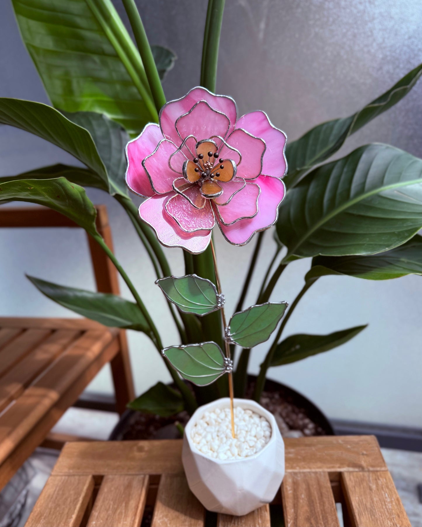 Candy Pink Peony Stained glass flower 3D Botanical Table Plant Decor