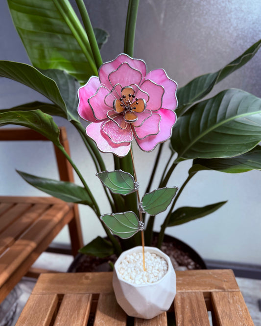 Candy Pink Peony Stained glass flower 3D Botanical Table Plant Decor