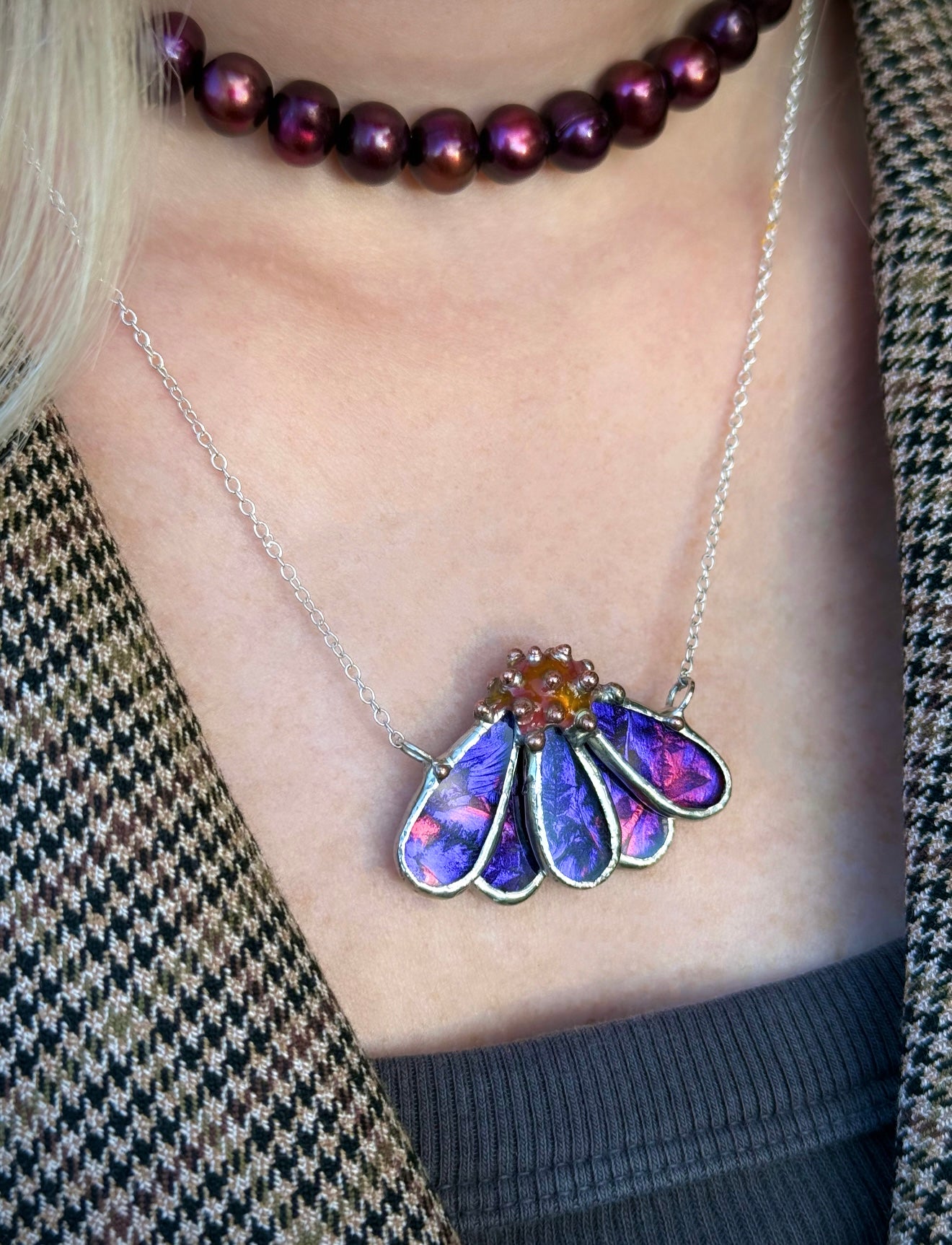 Echinacea Purple & Pink, Stained Glass Necklace or Brooch, Handmade Botanical Jewelry