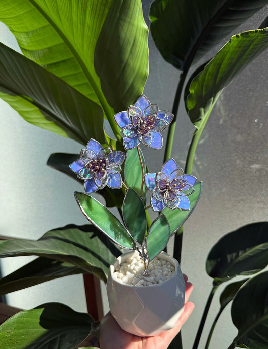 .Blue Iridescent Wildflower Stained glass Handcrafted Floral Home Decor new