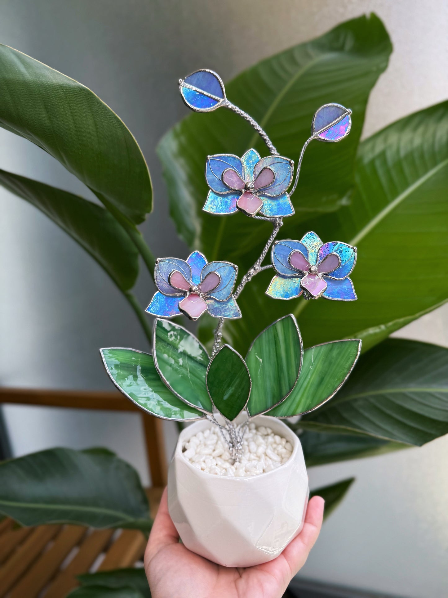 .Blue Lavender Orchid in a pot, 3 flowers Botanical Stained Glass Modern Art Decor new