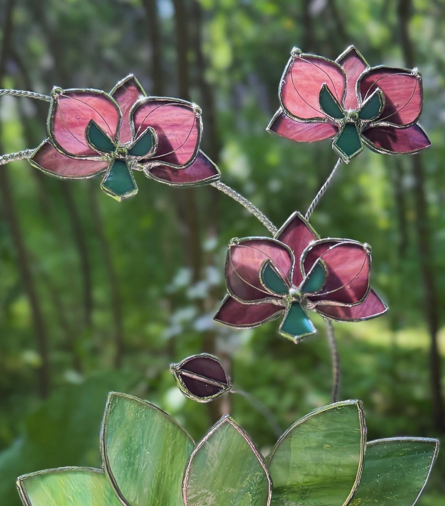 " . Elderberry Orchid 3 flowers with pot” Stained glass tropical flower 3D, Sun catcher, Table plant decor, Garden stick, Outdoor and gardening decor