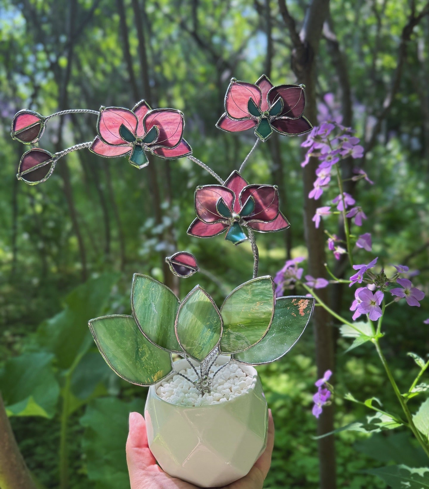 " . Elderberry Orchid 3 flowers with pot” Stained glass tropical flower 3D, Sun catcher, Table plant decor, Garden stick, Outdoor and gardening decor