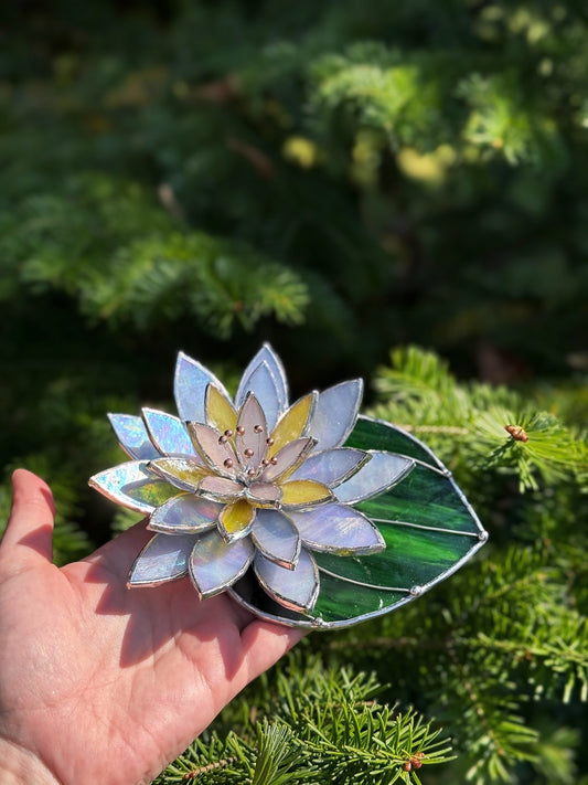 " .  Lavender iridescent Water Lily with leaf" Stained glass table decor, suncatcher, succulents
