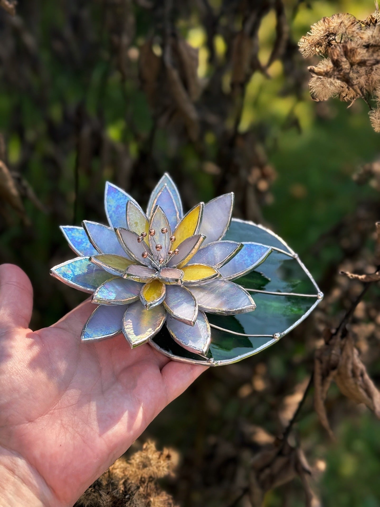 " .  Lavender iridescent Water Lily with leaf" Stained glass table decor, suncatcher, succulents sale