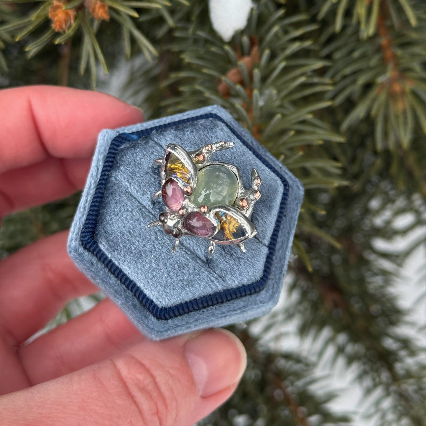 " . Bug Ring “Flower Chafer with Pink Tourmaline & Olive Prehnite”, art jewelry pendant with gemstones 3D wedding jewelry Mother’s Day gift