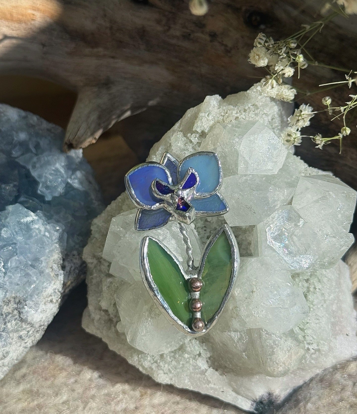 Brooch Orchid Blue Lavender irid Stained glass flower 3D art jewelry new