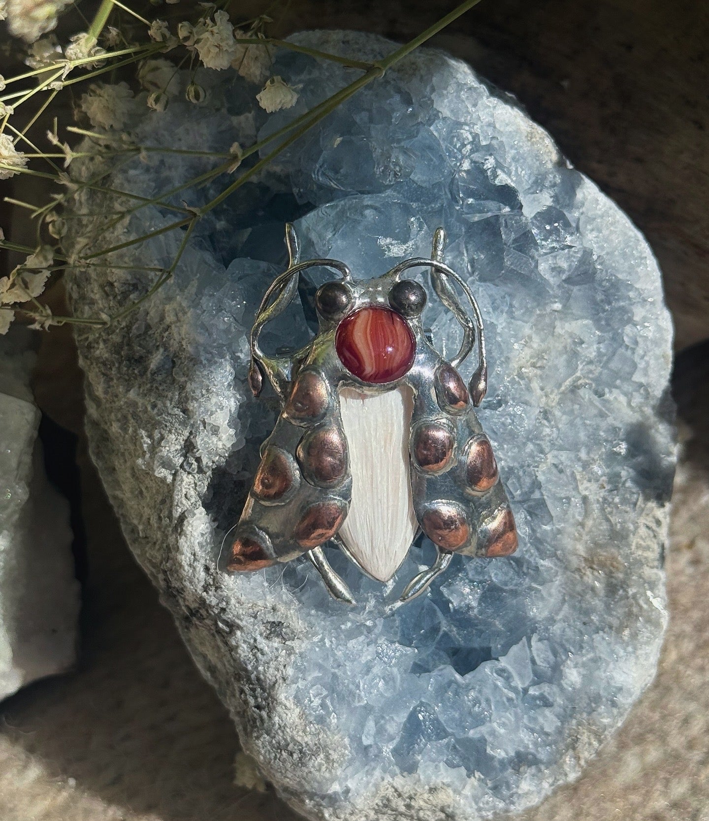 Brooch Tiger Moth with Palm Stone & Fused Glass, Gemstone Jewelry stone new