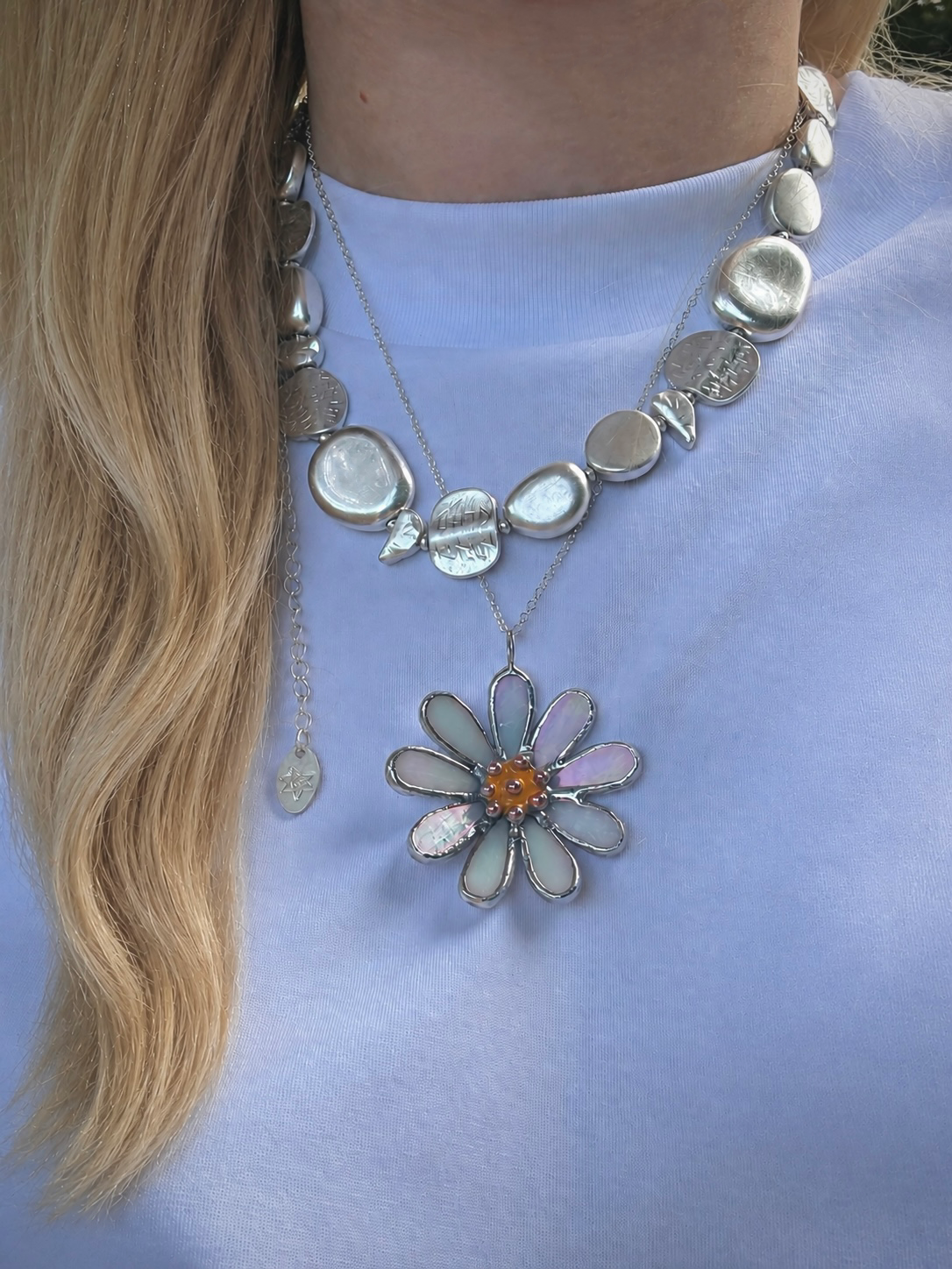 Daisy White Pearl Iridescent L S sizes, Stained Glass Necklace or Brooch, Handmade Botanical Jewelry