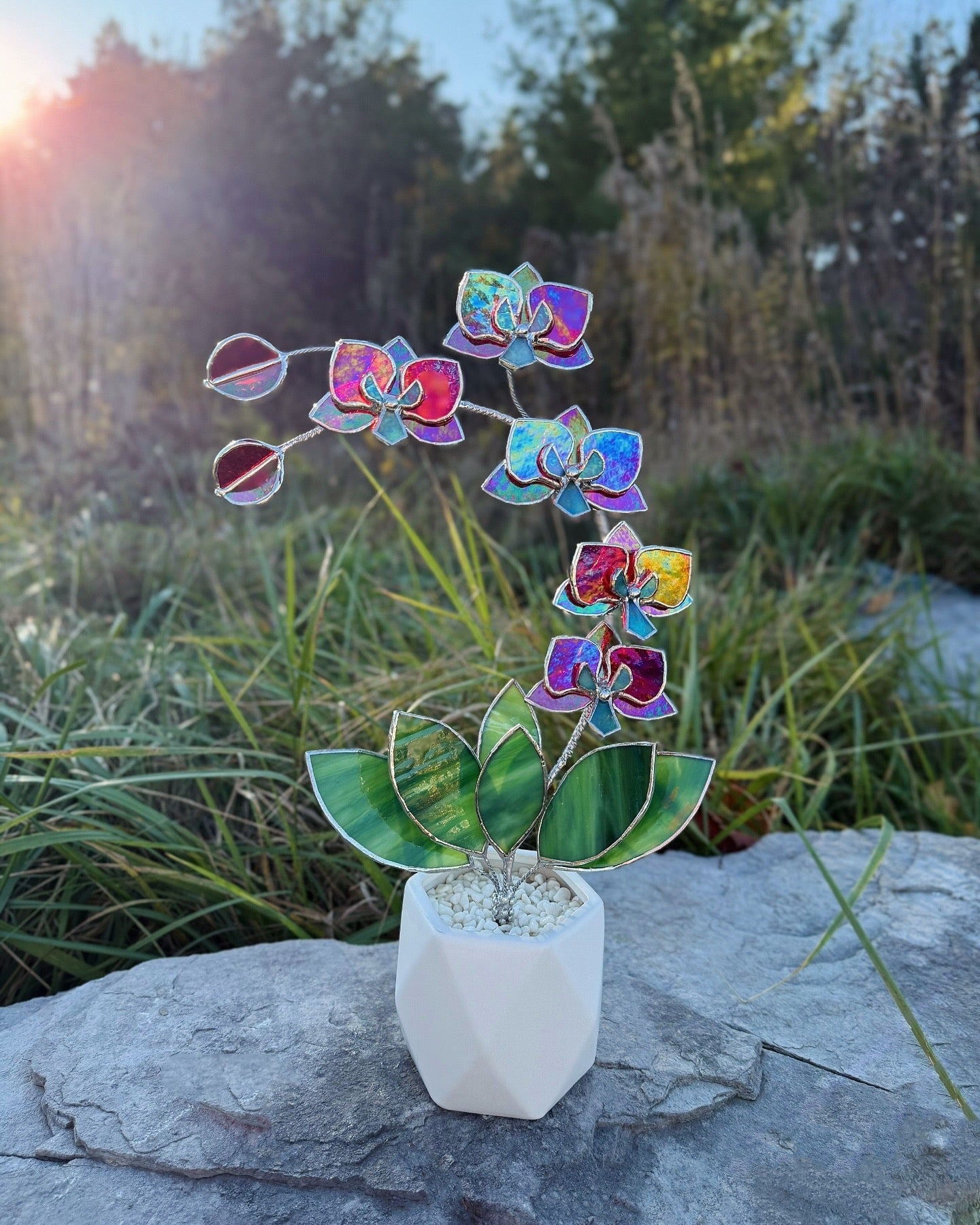 " . Red transparent iridescent Orchid 5 flowers with pot" Stained glass tropical flower 3D, Sun catcher, Table plant, Garden stick, wedding decor, Christmas gift