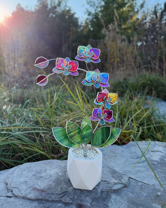 " . Red transparent iridescent Orchid 5 flowers with pot" Stained glass tropical flower 3D, Sun catcher, Table plant, Garden stick, wedding decor, Christmas gift