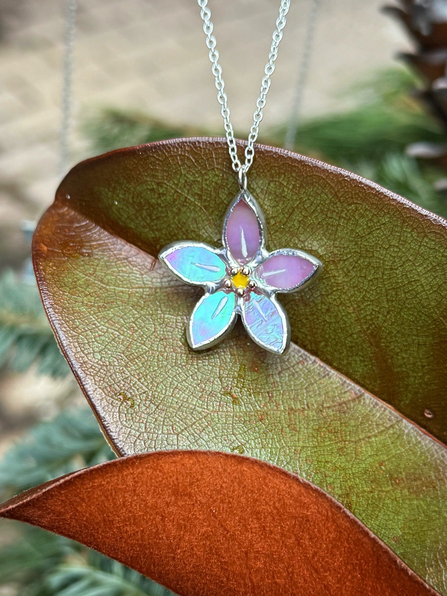Forget Me Not Handmade Stained Glass Necklace Pink, Botanical Jewelry