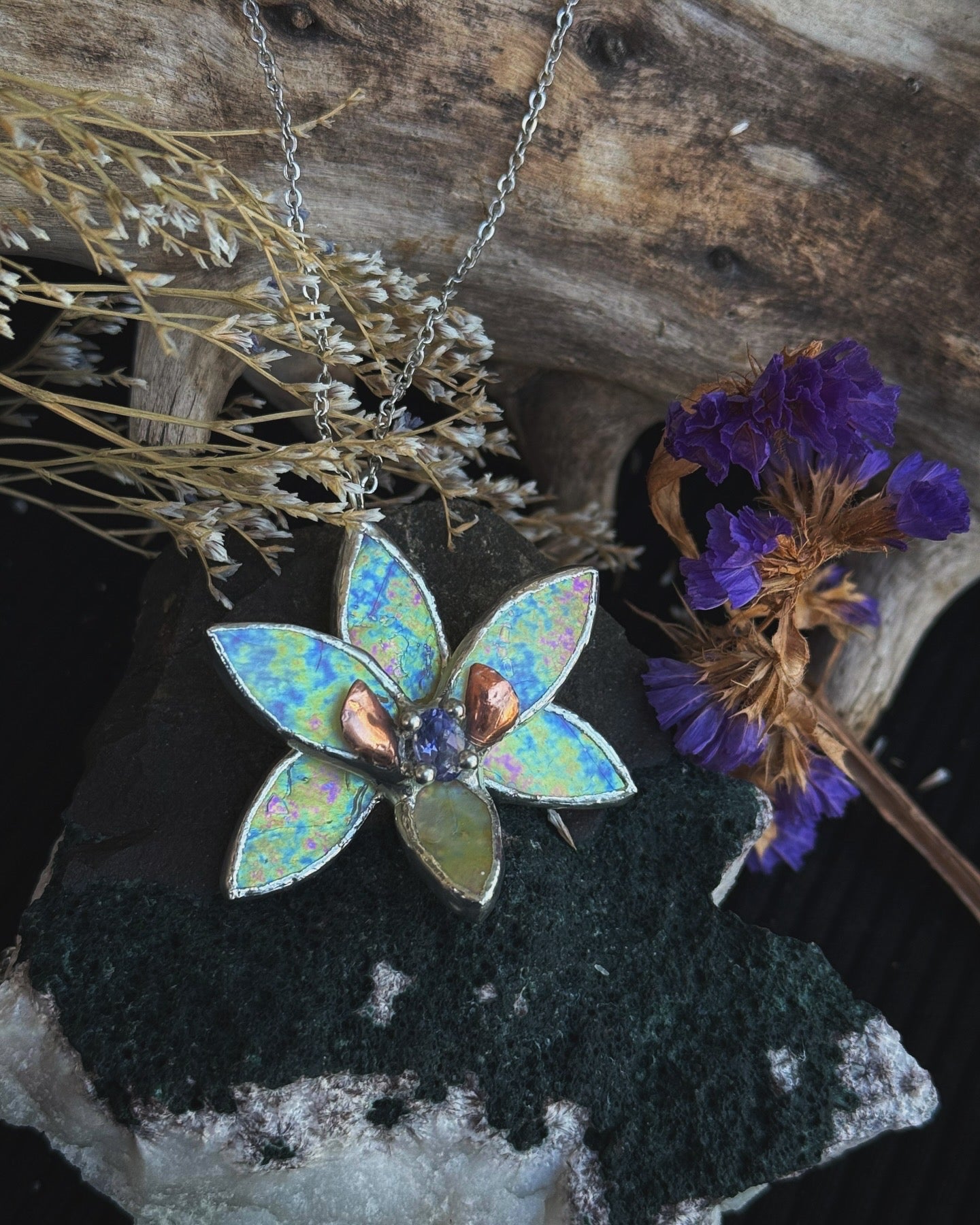 " . Necklace Tropical Orchid Yellow iridescent with Blue Iolite ” Stained glass tropical flower 3D, art jewelry