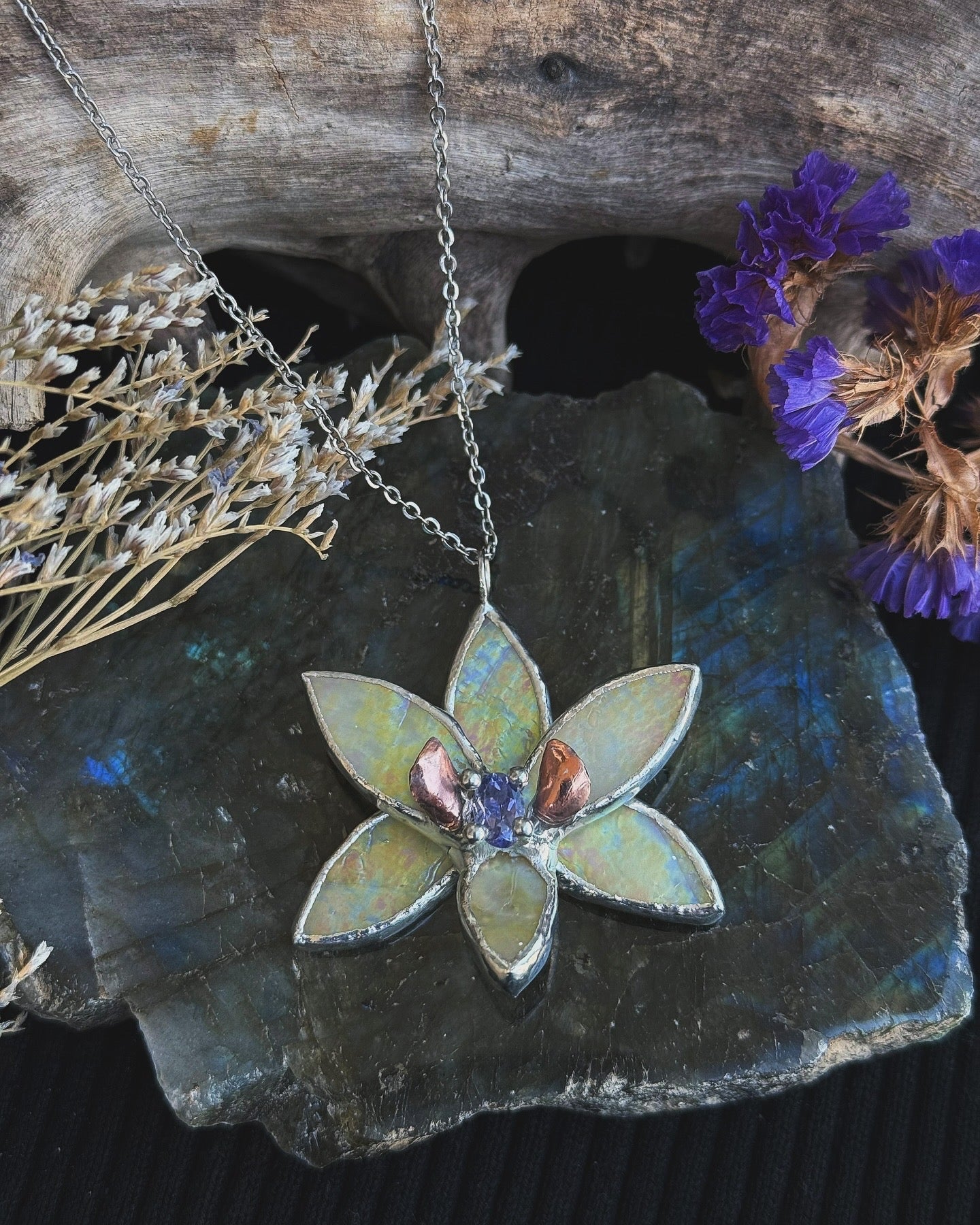 " . Necklace Tropical Orchid Yellow iridescent with Blue Iolite ” Stained glass tropical flower 3D, art jewelry