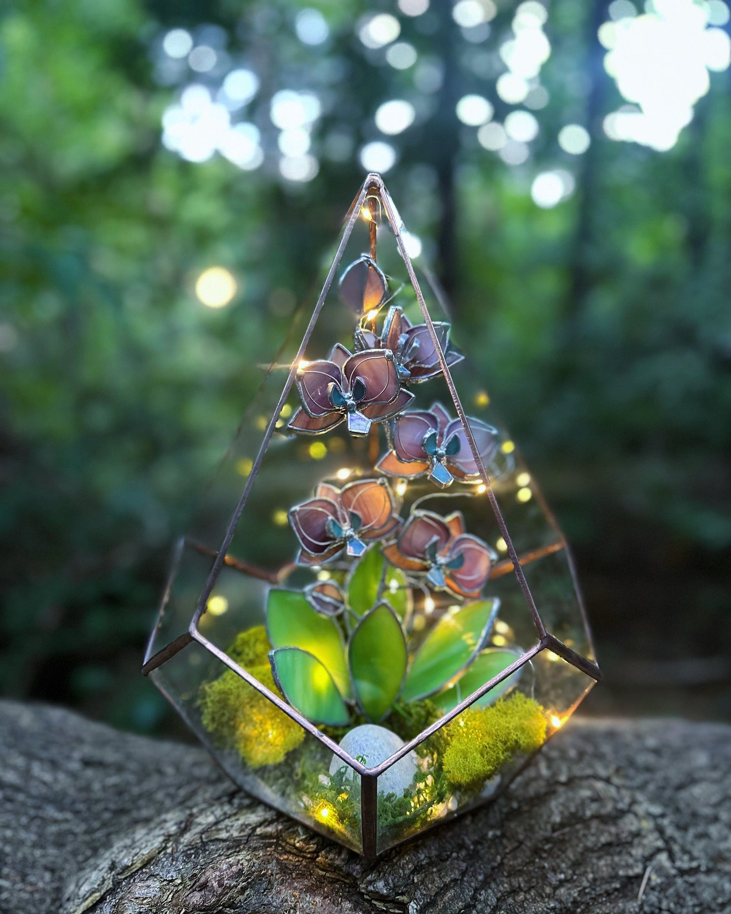 " . Geometric glass 3D terrarium Teardrop with stained glass orchids. Wedding glass decor, Mother’s Day  gift, glass art, suncatcher, succulents, cacti