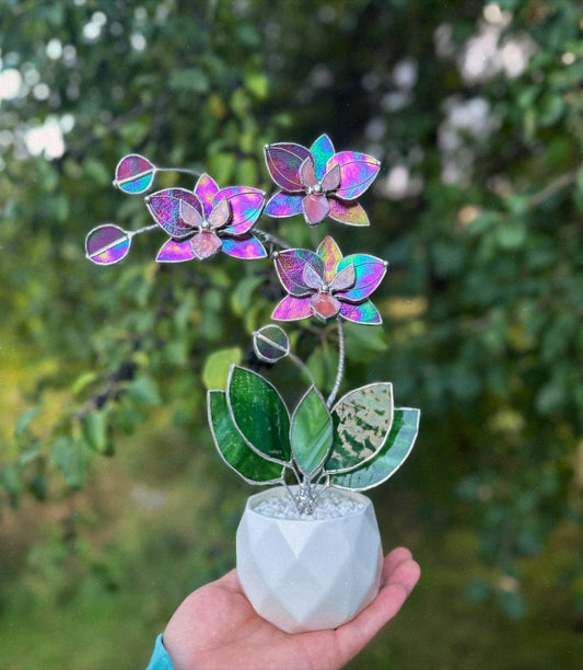 " . Mauve iridescent Butterfly Orchid 3 flowers with pot” Stained glass tropical flower 3D, Sun catcher, Table plant, Garden stick, Outdoor and gardening decor