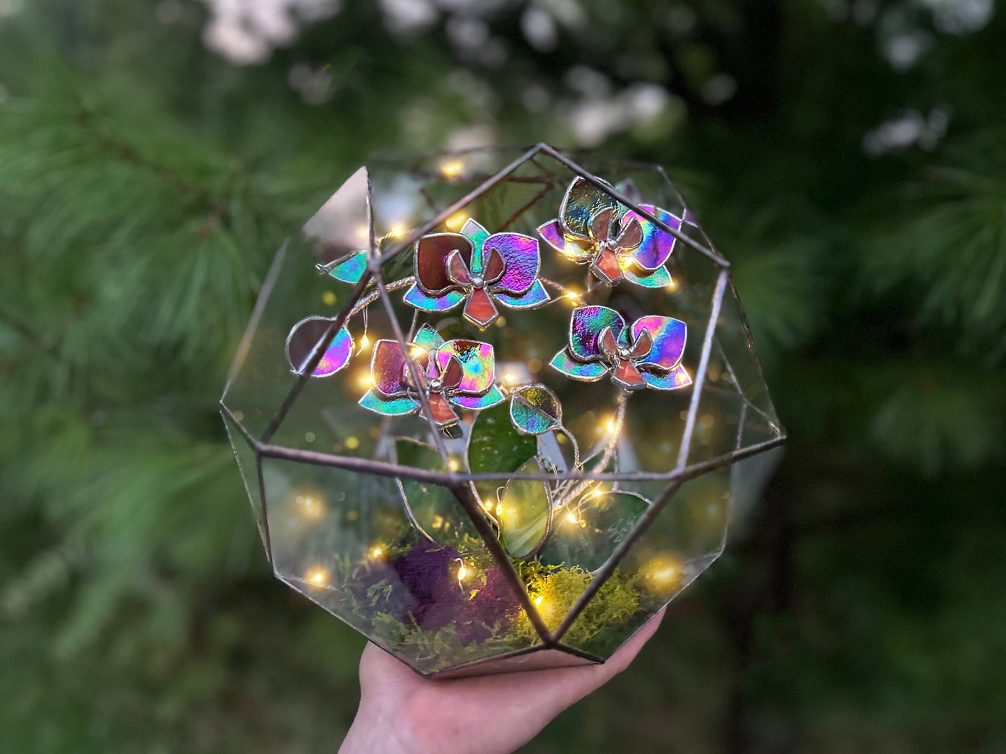 " . Geometric glass 3D terrarium Sphere with stained glass iridescent orchid. Wedding glass decor, Mother’s Day  gift, glass art, suncatcher, succulents, cacti