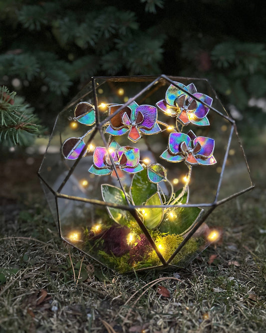 " . Geometric glass 3D terrarium Sphere with stained glass iridescent orchid. Wedding glass decor, Mother’s Day  gift, glass art, suncatcher, succulents, cacti