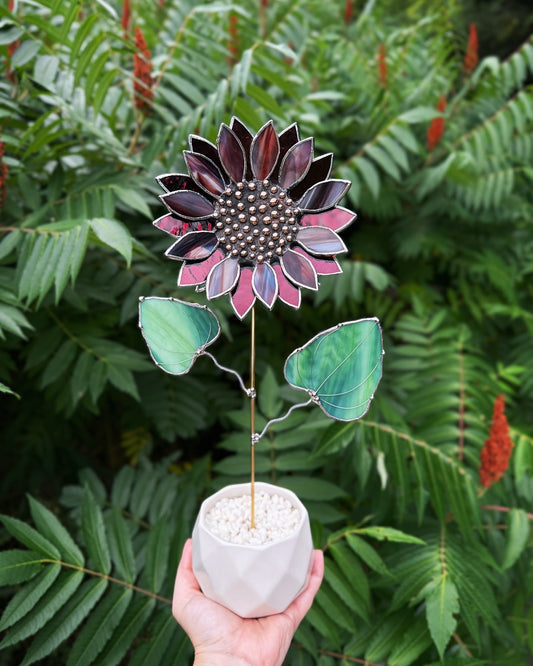 " . Sunflower Marble grey & purple silver oat", stained glass tropical flower 3D, Sun catcher, Table plant decor, Garden stake, Outdoor and gardening, wedding Christmas gift