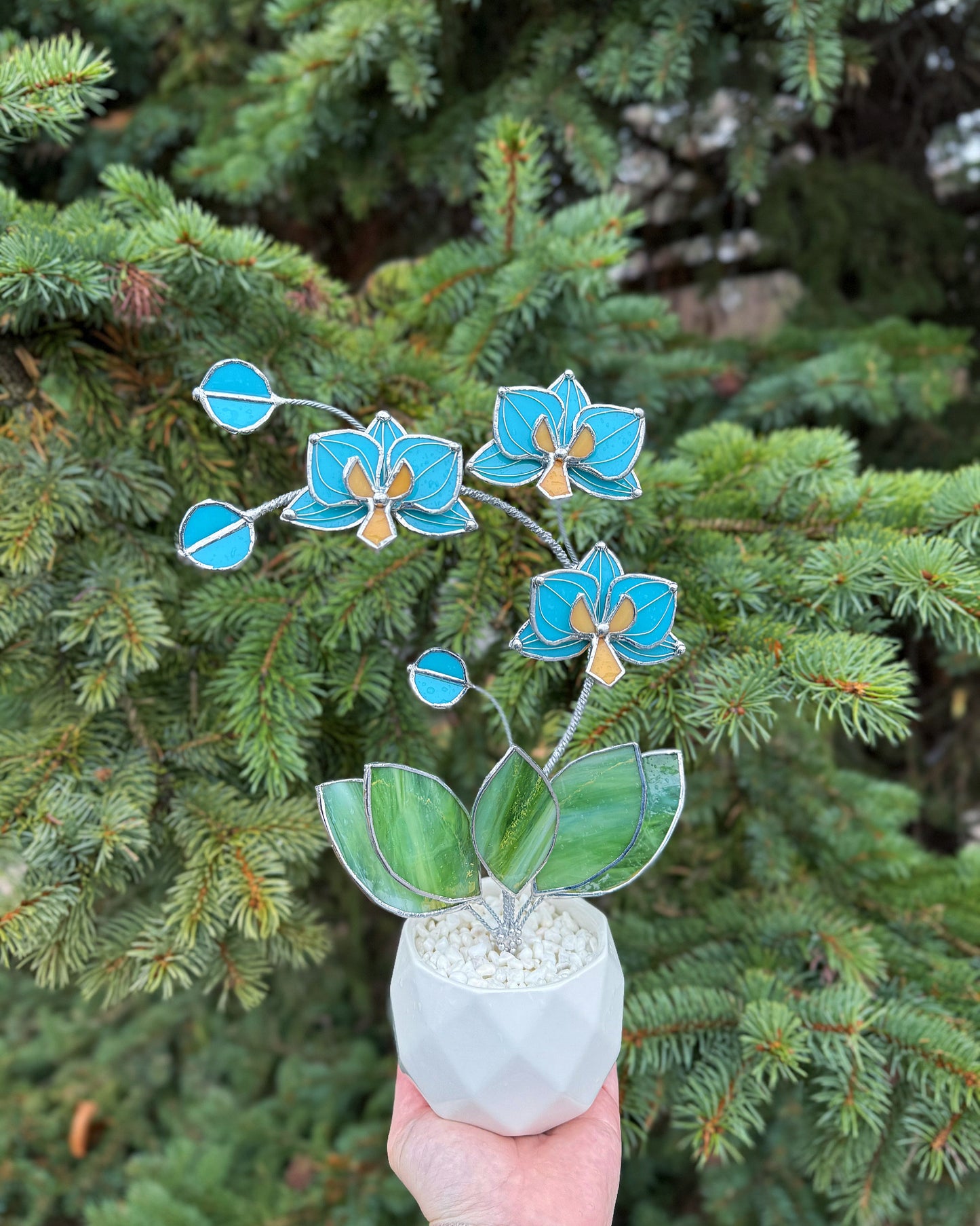 " . Tiffany turquoise Orchid 3 flowers with pot” Stained glass tropical flower 3D, Sun catcher, Table plant, Garden stick, Outdoor and gardening decor, available