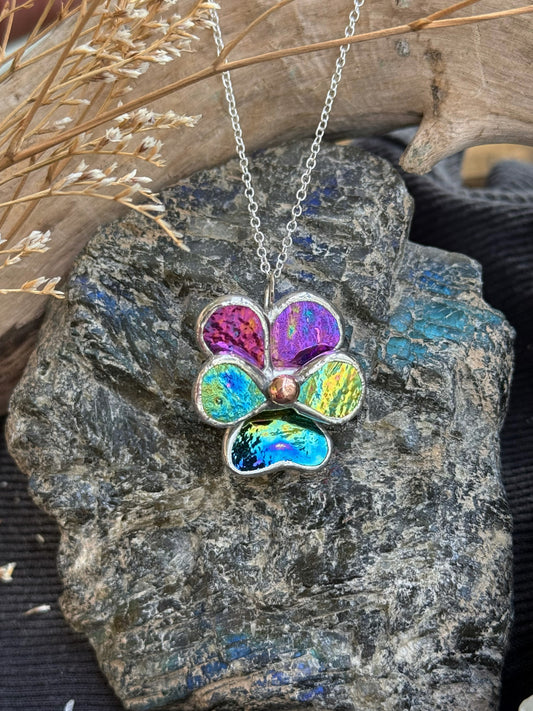 " . Pansy Purple lumi & Yellow-blue lumi Necklace ” Stained glass tropical flower 3D, art jewelry