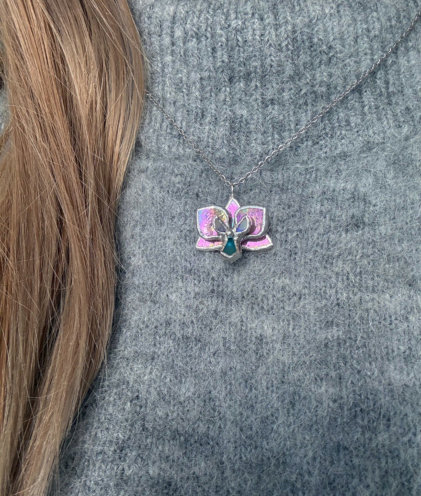 " . Necklace Orchid Candy Pink iridescent Necklace” Stained glass tropical flower 3D, art jewelry
