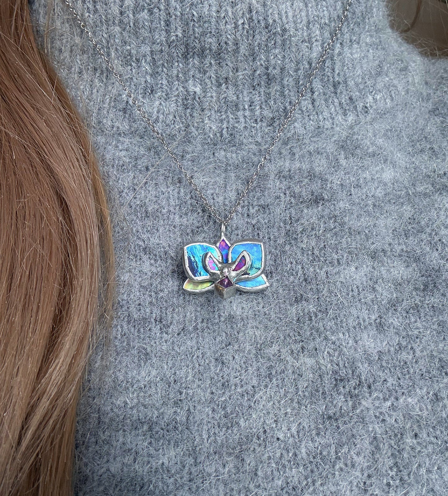 " . Necklace Orchid Lavender iridescent Necklace” Stained glass tropical flower 3D, art jewelry