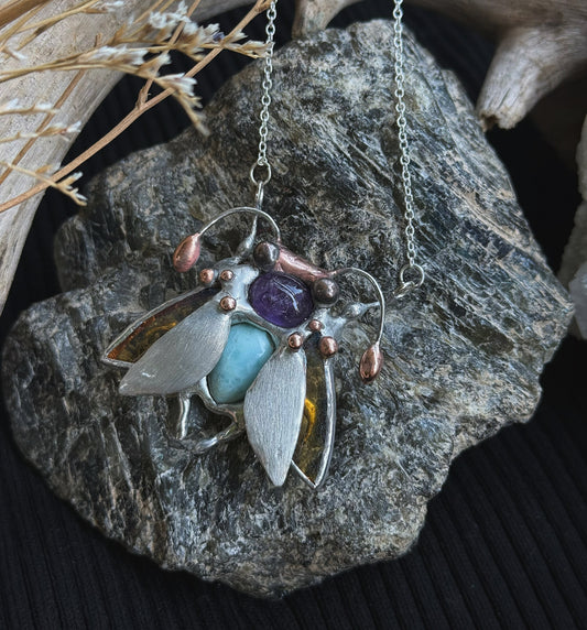 " . Bug necklace Magic Moth with Blue Larimar & Amethyst”, stained glass art jewelry pendant 3D wedding jewelry Mother’s Day gift