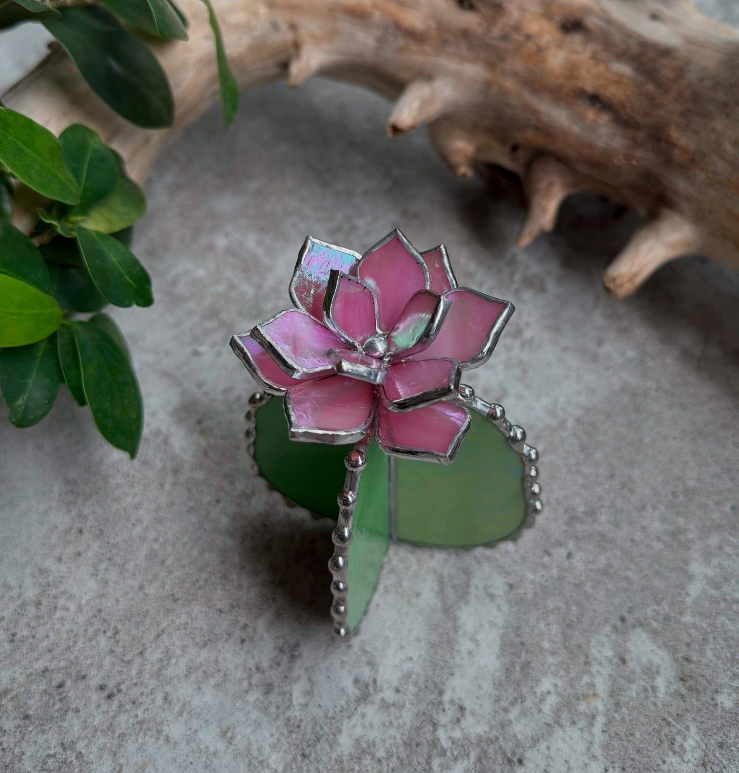 Cactus Pink iridescent Handmade 3D Stained Glass Decor Modern Art