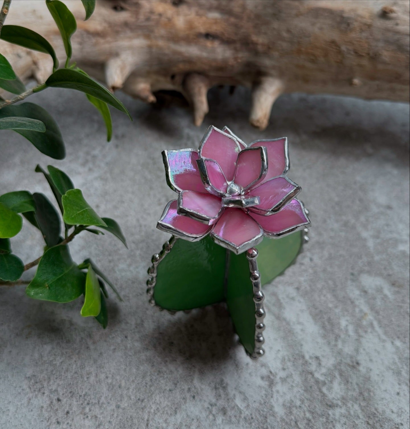 Cactus Pink iridescent Handmade 3D Stained Glass Decor Modern Art