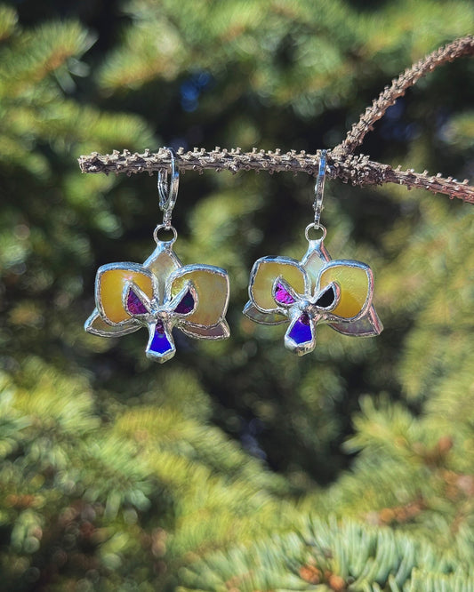 " . Earrings Orchid Yellow iridescent ” Stained glass tropical flower 3D, art jewelry necklace ring