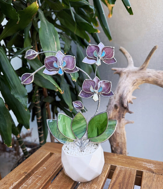 " . Dusty Rose translucent Orchid 3 flowers with pot” Stained glass tropical flower 3D, Sun catcher, Table plant, Garden stick, Outdoor and gardening decor