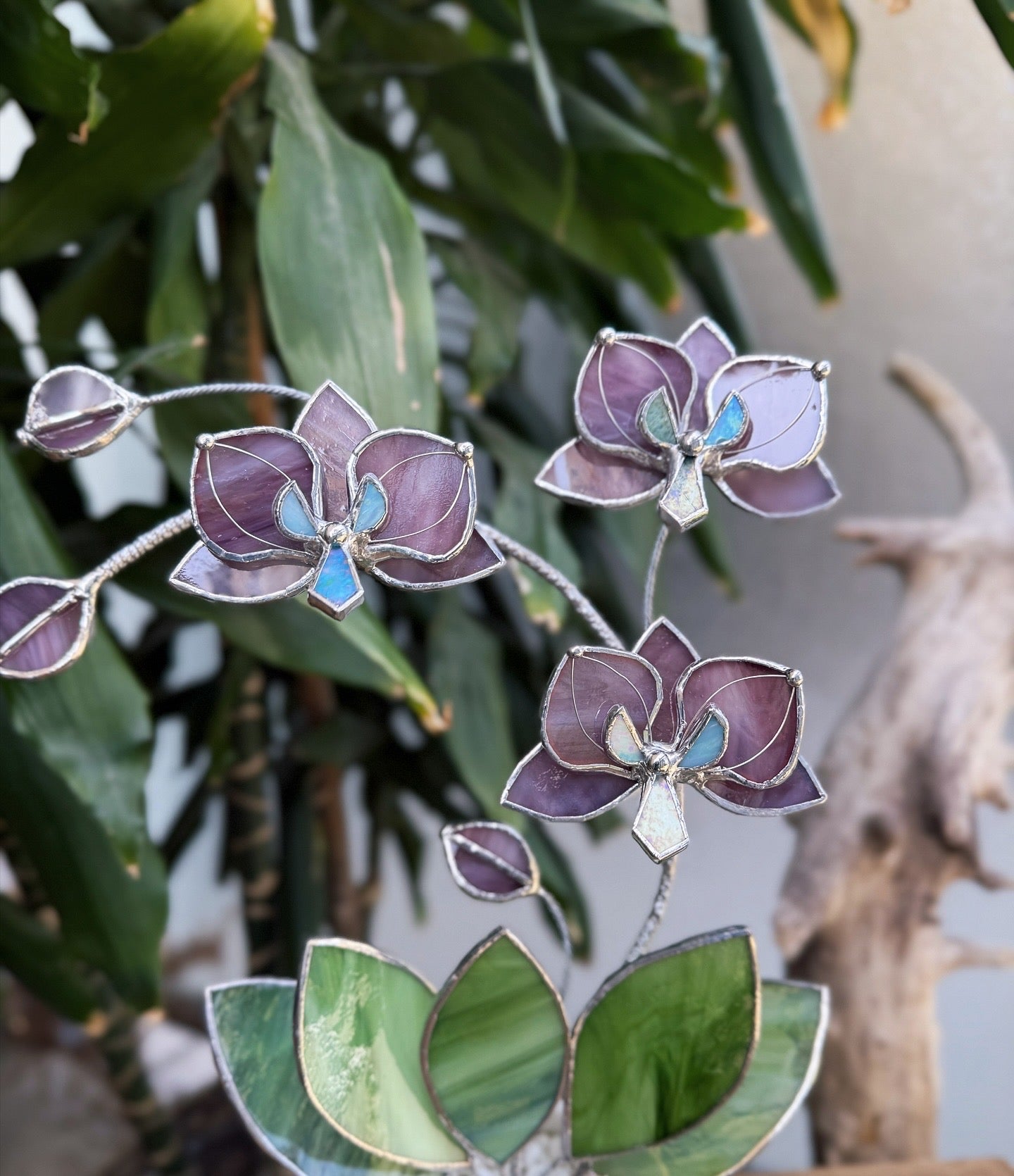 " . Dusty Rose translucent Orchid 3 flowers with pot” Stained glass tropical flower 3D, Sun catcher, Table plant, Garden stick, Outdoor and gardening decor